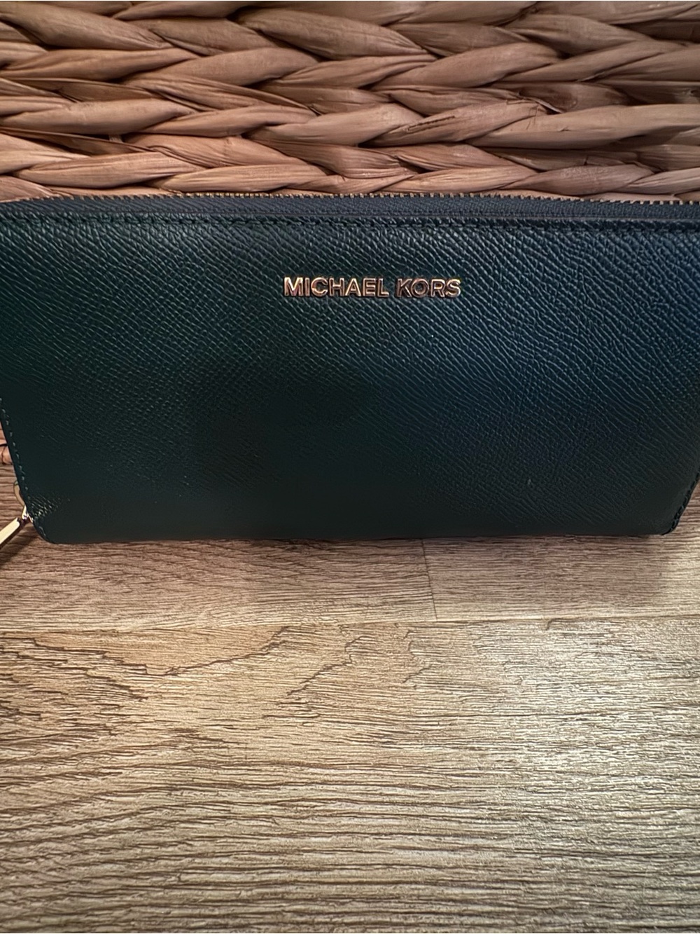 Michael Kors Dark Green Saffiano Leather Zip Wallet with Gold Logo
